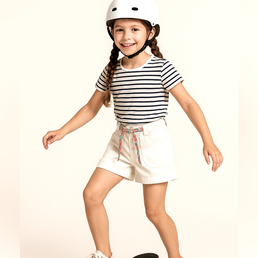 Like New Boden Girls 3-Button Front White Twill Tie Cargo Shorts, 10, MSRP $45